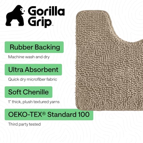 GORILLA GRIP Bathroom Rug Sets 3 Piece, Bath Mat Set and Oval Toilet Base with Rubber Backing, Plush Absorbent Shaggy Chenille Washable Mats, Includes 24x19.5, 24x17 and 36x24 Inch Rugs, Gray Beige - color: Gray Beige, style: 24"x19.5" + 24"x17" + 36"x24"