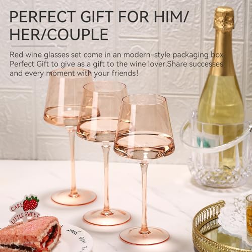 Light peach orange Wine Glasses Set of 6,18oz Blush Pink Wine Glassware Gift Set-Pale peach Hand Blown light peachy-orange Glass Drinkware for Red White Wine - color: Light Amber