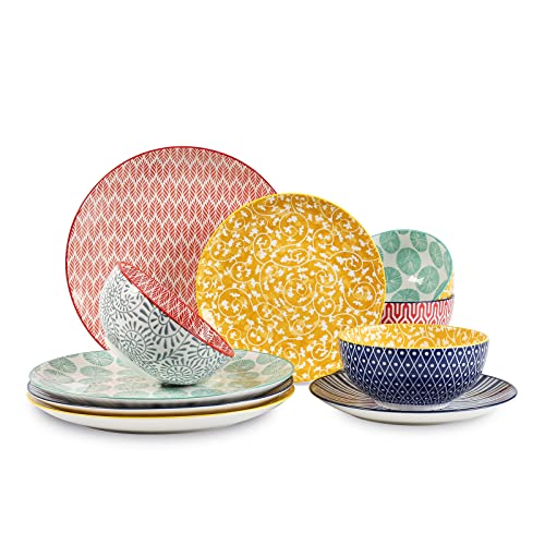 Selamica Ceramic Dinnerware Sets, 12-Pieces Plates and Bowls Sets, Scratch Resistant Dishes set for 4, Dishwasher & Microwave Safe, Assorted Colors - color: Assorted Colors, size: 12 Pieces