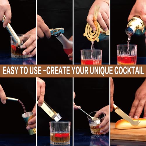 JNWINOG 12Pcs-Cocktail Shaker Set Stainless Steel Bartending Kit 18.6oz Cocktail Bar Set Cocktail Mix Drink Making Kit Professional Bar and Home Drink Bar Tools for Bartender(Gold, 12Pcs) - color: Gold, size: 12Pcs