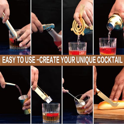 JNWINOG 12Pcs-Cocktail Shaker Set Stainless Steel Bartending Kit 18.6oz Cocktail Bar Set Cocktail Mix Drink Making Kit Professional Bar and Home Drink Bar Tools for Bartender(Gold, 12Pcs) - color: Gold, size: 12Pcs