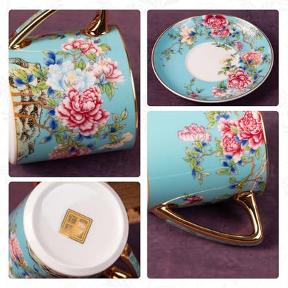 KAMMAK Tea Cup and Saucer, Ceramic Coffee Cups, 7.5 oz, Set of 2 | Porcelain Tea Cups with Saucers for Coffee and Cappuccino, Ideal for Breakfast, Afternoon Tea and Entertaining,633+634N - style: 633N+634N
