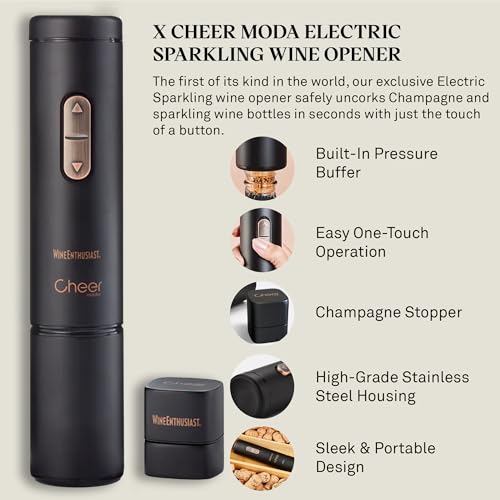 Wine Enthusiast x Cheer Moda Electric Sparkling Wine Opener – Automatic Champagne Bottle Opener with Cork Release & Stopper – Stainless Steel Electric Wine Tool – Battery Powered – U.S. Exclusive - color: Sparkling Wine