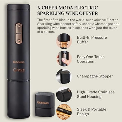 Wine Enthusiast x Cheer Moda Electric Sparkling Wine Opener – Automatic Champagne Bottle Opener with Cork Release & Stopper – Stainless Steel Electric Wine Tool – Battery Powered – U.S. Exclusive - color: Sparkling Wine