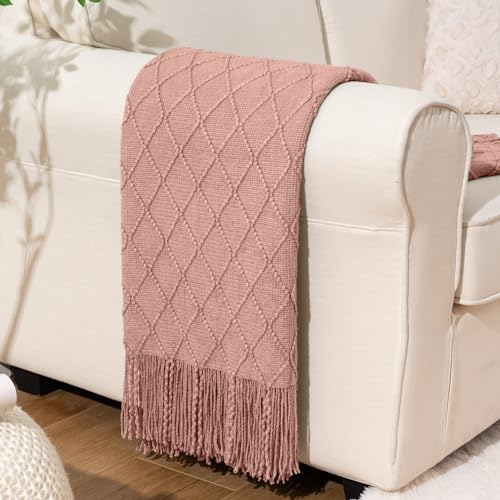 BATTILO HOME Blush Throw Blanket with Tassels, Pink Knit Blanket for Home Decor, Boho Style Textured Knitted Decorative Twin Blanket for Couch, Sofa &Bed, 52"x80" - color: Pink, size: 52 x 80 in.