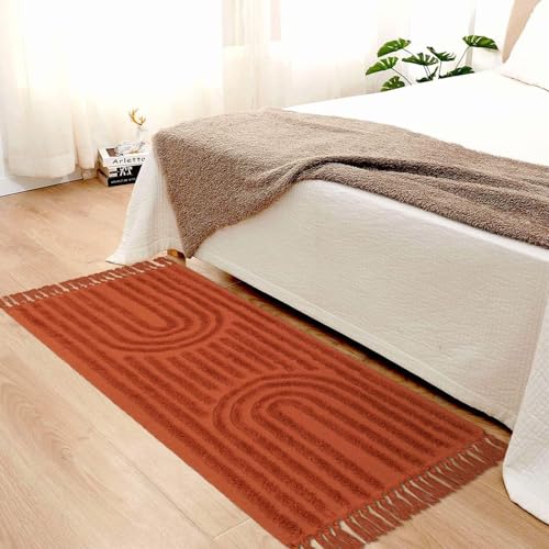 Washable Kitchen Runner Rug, Orange Bathroom Runner Rug with Tassels | 2x5 Terracotta Entryway Doormat, Woven Tufted Rainbow Bedroom Rugs, Farmhouse Hallway Rugs for Laundry/Living Room - color: Terracotta, size: 2' x 5' (Rectangular)