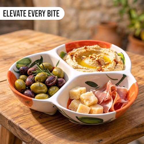 3-Compartment Ceramic Serving Dish, Handmade in Spain | 7.5” divided chip and dip bowl with lead-free glaze, microwave, oven and dishwasher safe, ideal for tapas, snacks and sauces - color: Orange Glow