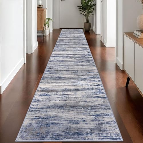 KOZYFLY Modern Abstract Washable Rug Runner 2.6x16 Hallway Rug Runner Non-Slip Soft Kitchen Runner Rugs, Grey-Blue Striped Carpet for Stair Entryway Bathroom Laundry Room Foyer - color: Blue-grey, size: 2'8" x 16' (Runner)