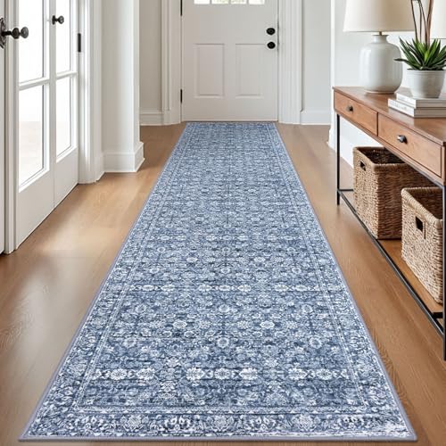 SIILOOM 2.6x12 Washable Runner Rug, Non Slip Area Rug for Hallway Kitchen | Blue/White Soft Boho Vintage Floral Spill & Stain Resistant Low Pile Carpet for Entryway Office Laundry Bedroom, Easy Clean - color: Blue/White, size: 2'7" x 12' (Runner)