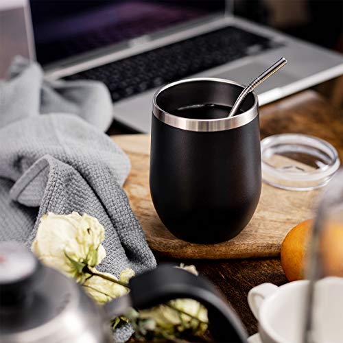 COMOOO 12oz Stainless Steel Drinking Cup - Bulk with Lid and Straw, Double Wall Vacuum Insulated, for Hot and Cold Drinks, Coffee, Cocktails, Black, 8 Pack - color: Black
