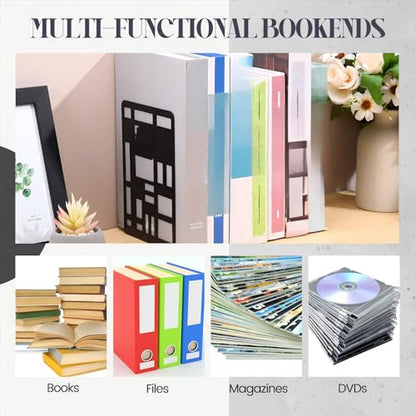 Feifeiya 6 Pairs Decorative Book Ends Metal Bookends for Shelves Black Metal Heavy Duty Book Ends Holder Supports Stoppers for Home Office School, 6.9x4.9x3.5”(Geometrical) - style: Geometrical