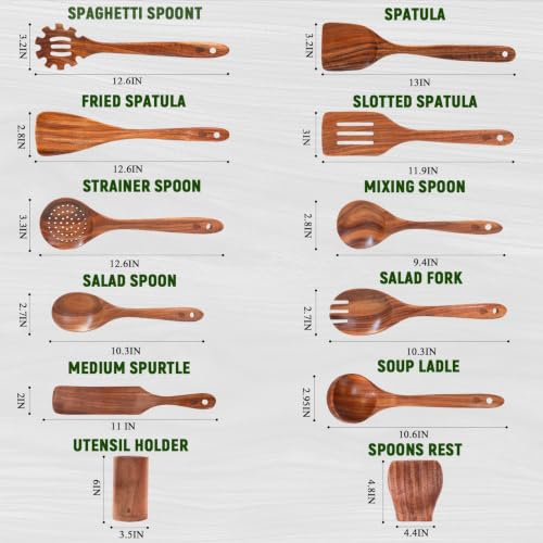 12 Pcs Teak Wooden Utensils Set, Wooden Spoons for Cooking | Non-Toxic & Nonstick Safe Kitchen Utensil, Durable Comfort Grip, Heat Resistant Wood Cookware with Holder and Spoon Rest - size: 12 Pieces Set