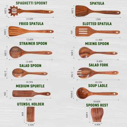 12 Pcs Teak Wooden Utensils Set, Wooden Spoons for Cooking | Non-Toxic & Nonstick Safe Kitchen Utensil, Durable Comfort Grip, Heat Resistant Wood Cookware with Holder and Spoon Rest - size: 12 Pieces Set