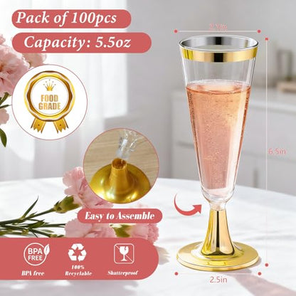 GuanQiao 100 Pack Plastic Champagne Flutes with Gold Rim Gold Bottom, 5.5 Oz Clear Disposable Plastic Champagne Glasses, Wine Glasses Cups for Wedding Celebration New Years Eve Party Supplies - color: Gold Bottom Gold Rim, size: 100-Pack