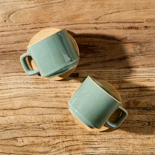 LUKA Porcelain Stackable Espresso Cups with Saucers and Metal Stand, 4 Ounce Small Ceramic Demitasse Cups Set for Latte, Specialty Coffee Drinks, Cafe Mocha,Tea - Set of 4, Wild Sage Earth - color: Wild Sage Earth