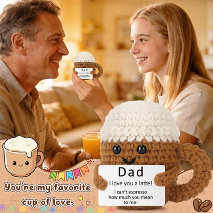 Xinezaa Mini Coffee Fathers Day Birthday Gift for Dad from Daughter Son | Bonus Step New Dad Best Dad Ever Gift, Positive Handmade Crochet, Small Funny, Father's Day Christmas I Love You Daddy Gift - style: Dad