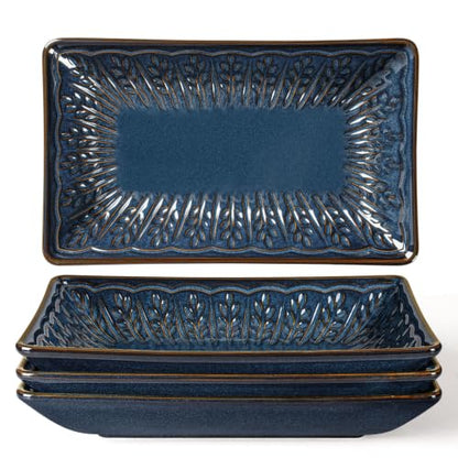 Appetizer Plates Set of 4, 8.25" Embossed Ceramic Rectangular Dessert Plates, Deep Lipped Edges, Microwave & Dishwasher Safe, Salad Sushi Snack Serving Plates (Blue, Wheat Leaf) - color: Blue (Wheat Leaf), size: 8.25 inch