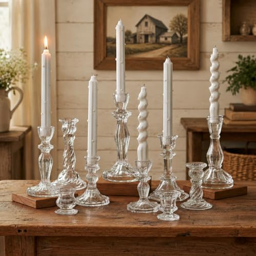 Hewory Crystal Taper Candle Holders: 10PCS Clear Glass Candlestick Holders | For 0.86" Taper Candles, Candle Sticks Holder Decor for Wedding Table Centerpiece Bridal Baby Showers Christmas Decorations