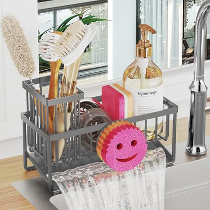 Sponge Holder for Kitchen Sink,Smiley Face Sink Caddy with Removable Brush Holder,Self-Draining Sponge Caddy for Soap,Dish Brush,Scrubber,Kitchen Essentials and Gadgets-Charcoal Gray - color: 1 Tier Charcoal Gray