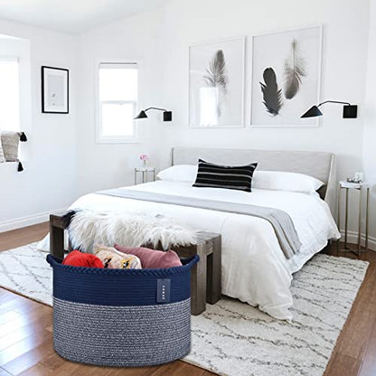 COMSE XXXLarge Woven Blanket & Laundry Basket, 87L, Navy Blue | 21.7" x 13.8", Cotton Rope, Nursery Hamper for Storage of Toys Clothes Towels, Ideal for Living Room Bedroom Bathroom - color: Navy Blue