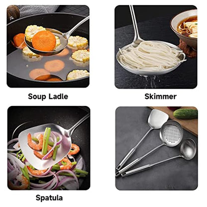 Wok Utensils for Carbon Steel, Stainless Steel Wok Spatula, Wok Tools Professional Set, 3-Pieces Food-Grade 304 Stainless Steel Cooking Utensils All Metal, Dishwasher Safe - color: Natural 3