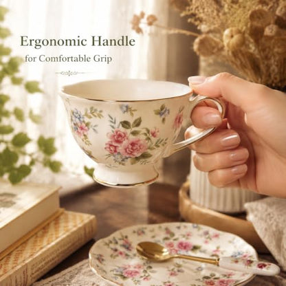 Noviko 6 oz Floral Ceramic Teacup and Saucer Set with Spoon | Set of 1, Afternoon Tea Party Gift for Women, Mom, Bridal Shower, Wedding - color: Multicolor