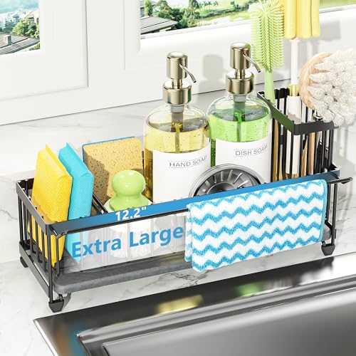 Cisily Large Sink Caddy Organizer with Towel Holder, Quick Dry Sponge Holder for Kitchen, Black Dish Brush Holder for Countertop, Kitchen Decor Storage and Essentials - color: Black with Towel Rack