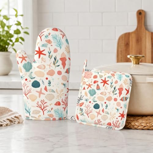 Cartoon Starfish and Shells Oven Mitts and Pot Holders Sets Silicone Kitchen Mitts Potholders Heat Resistant Oven Gloves Hot Pads for Kitchen Baking Cooking BBQ - color: Cartoon Starfish and Shells