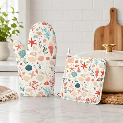 Cartoon Starfish and Shells Oven Mitts and Pot Holders Sets Silicone Kitchen Mitts Potholders Heat Resistant Oven Gloves Hot Pads for Kitchen Baking Cooking BBQ - color: Cartoon Starfish and Shells