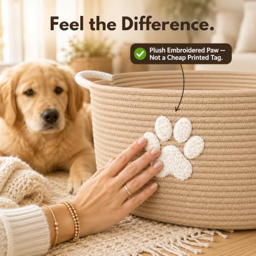 Dog Toy Basket with Handles, Boho Cotton Rope Storage Bin Organizer | Warm boho dog toy organizer, natural woven look. Holds toys, blankets & leashes. Machine washable, collapsible rope bin - color: Khaki / White Paw