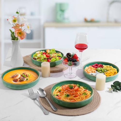 LIANYU 33oz Pasta Bowls, 8.25’’ Wide Shallow Salad Plates Set of 4 | Stoneware Ceramic Dinner Serving Bowls for Cereal, Fruit, Soup, Microwave & Dishwasher Safe, Emerald Green - color: Emerald Green