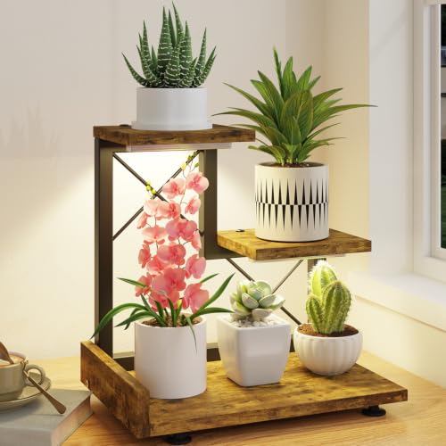 LASZOLA Plant Stand Indoor Tabletop Desk with Lights, Small 3 Tier Brown | Corner Shelf for Succulents, Countertop Flower Holder Display Rack Organizer for Office Kitchen Decor, Desk Accessories - color: Classic Brown with Light