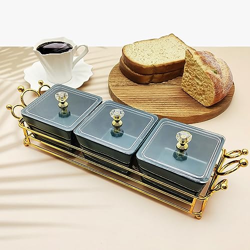 YA JU Ceramic Bowls and with Lid Gold Basket Trays, 3 Removable Small Bowls Condiment Trays Nut Serving Set for Snacks, Fruits, Candy and Condiments - Great for Parties, Green - color: Green 3- Grid Crown Tray