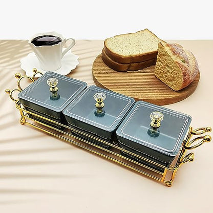 YA JU Ceramic Bowls and with Lid Gold Basket Trays, 3 Removable Small Bowls Condiment Trays Nut Serving Set for Snacks, Fruits, Candy and Condiments - Great for Parties, Green - color: Green 3- Grid Crown Tray