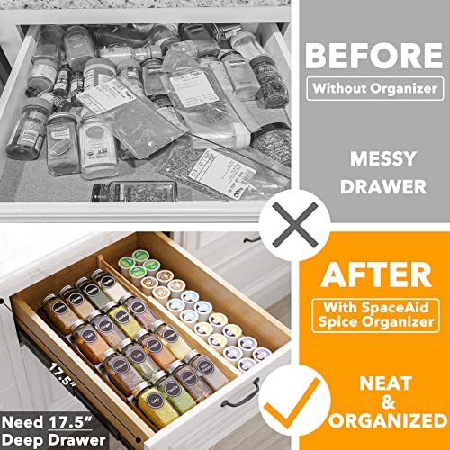 SpaceAid Spice Drawer Organizer with 16 Spice Jars, 386 Spice Labels, 4 Tier Seasoning Rack Tray Insert for Kitchen Drawers, 7.5" Wide x 17.5" Deep - size: 16 Jars, 7.5" Wide
