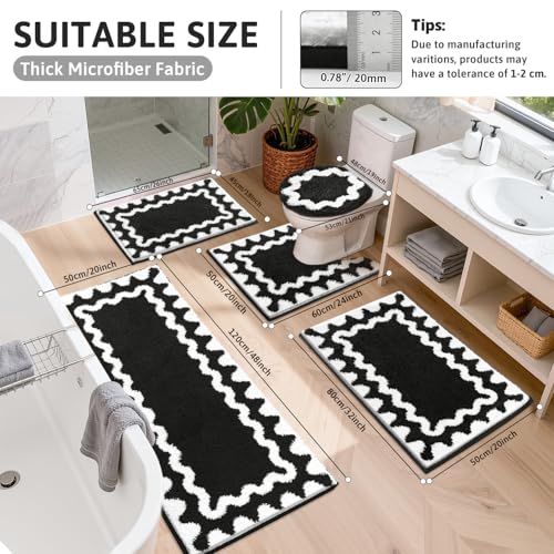 Findosom Bathroom Rugs Sets 5 Piece, Absorbent Soft Non-Slip Bath Rug Set | Washable Microfiber Shaggy Bath Mat Set with Bathroom Runner Rug, U-Shaped Toilet Rugs, Shower Rug & Toilet Lid Cover, Black - color: Black & White, size: 18"x26"+20"x32"+20"x48"+
