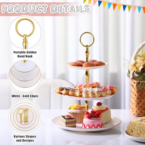 Teenyyou 16 Pack 3 Tier Cupcake Stand Bulk Tiered Dessert Stand Thick Plastic Serving Tray with Gold Edges Dessert Table Display Set Tea Cake Holder for Wedding Birthday Party (White) - color: White