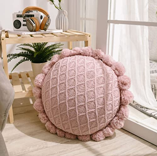 IXITON Round Creative Knitting Pompoms Pillow Sunflower Pillow Decorative Cushion Throw Pillow with Insert Plush Pillow for Couch Sofa Bed, 20 Inch (Light Pink) - color: Light Pink