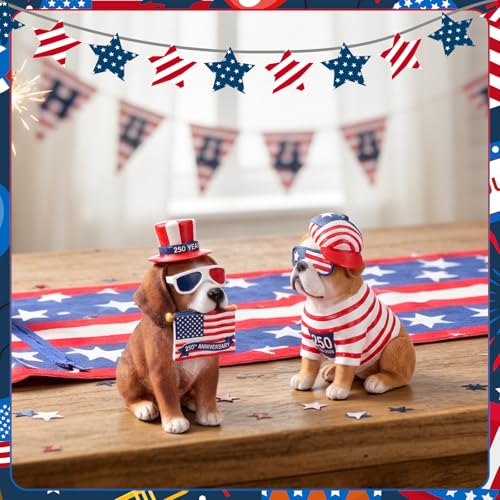 Wesiti 2 Pcs 250th Anniversary Puppy Dog Figurines Decor, 4th of July | Patriotic Stars Stripes Flag Dog Resin Statue, Red White and Blue Decorations, Home Garden Kitchen Office Table - style: Dog