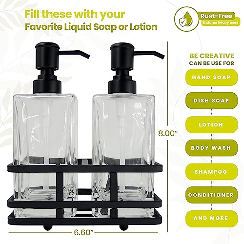Square Glass Clear Lotion and Soap Pump Dispenser Set with Metal Stand Caddy for Bathroom Bath Kitchen Home Office Travel Hotel Hand Crafted Heavy Weight Matte Black - color: Black