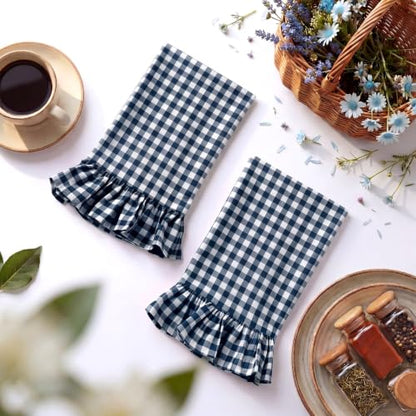 HunnmingRe Navy Blue Kitchen Towels Set of 2, 100% Cotton Ruffled Gingham Dish Towels 18"x28" Absorbent Tea Cloths Classic Plaid Pattern for Farmhouse Charm, Drying Dishes, Entertaining Guests - color: Navy Blue, style: Gingham