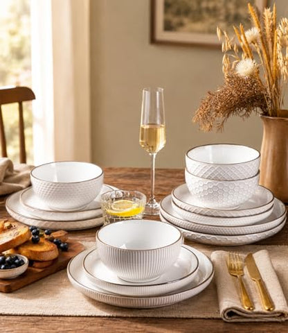 GBHOME Stoneware Dinnerware Set for 4, 12 piece Farmhouse Plates and Bowls | Elegant Embossed Ceramic Dish Set, Scratch Resistant, Microwave & Dishwasher Safe, Off white - color: Off White-Mixed Texture