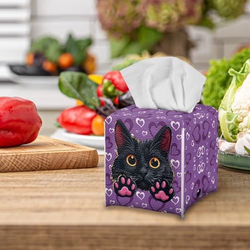 Cat Heart Tissue Box Covers Leather PU Facial Paper Organizers Dispenser Foldable Square Facial Tissue Case for Tabletop Bathroom Night Stand - color: Cat Heart