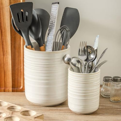 HASENSE Cooking Utensil Holder, 7.4"+5.5" Ceramic Kitchen Utensil Holder for Counter, Rustic Utensil Oganizer Crocks for Spatula, Ice Bucket Gift for Dad, Set of 2, Clay-Infused White - color: Clay-Infused White(2 pcs)