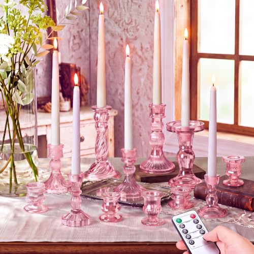 Mumufy 48 Pcs Pink Crystal Candle Holders with LED Flameless Candles Bulk 24 Glass Candlestick Holders with 24 Battery Operated Taper Candles 2 Timer for Wedding Table Centerpieces Home Decor - color: Pink
