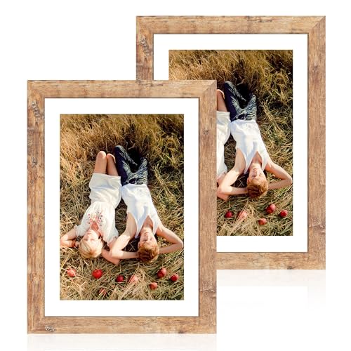 iRahmen 10x14 Picture Frame Set of 2 with Tempered Glass, Rustic Brown Wood Frames Display 8x12 Picture with Mat or 10 x 14 Without Mat for Horizontal or Vertical Wall Mounting - color: Rustic Brown, size: 10X14