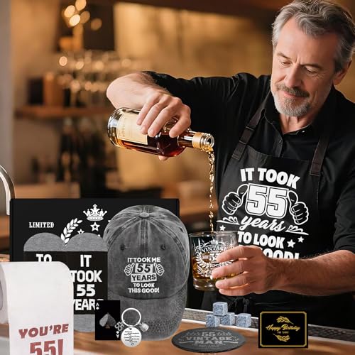 55th Birthday Gifts for Men Whiskey Glass Set, 55th Birthday Party Supplies with 11 Oz Whiskey Glass Coaster Stone Baseball Cap Apron Sock Toilet Paper Keychain for Him, Dad, Husband, Friends - style: 55th Birthday