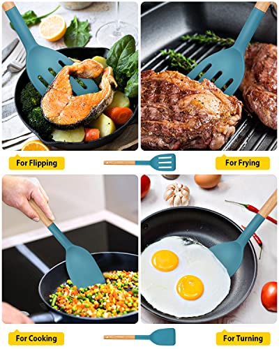 Pack of 2 Silicone Cooking Spatula, Heat Resistant Solid Turner, Non Stick Slotted Spatulas with Wooden Short Handle,Ideal Wood Kitchen Utensils Set for Frying, Baking, Flipping, Turning - color: Blue