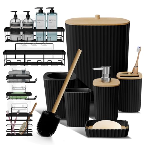 Clara Clark Bathroom Set - Black Bathroom Accessories Set, 6PC Bathroom Accessory Set, Bathroom Sets with Adhesive Corner Shower Caddy Hanging, Toilet Brush, Trash Can & Soap Dispenser - color: Black, size: Complete Set + Shower Caddy