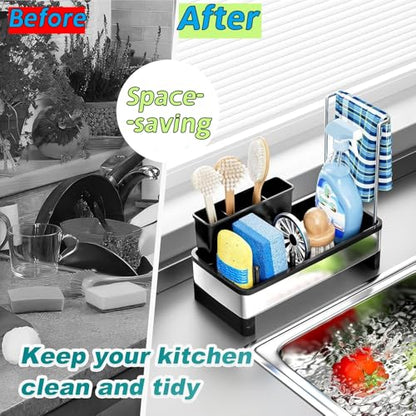 Kitchen Sink Caddy Organzier with High Brush Holder - Sponge Holder for Kitchen Sink with Towel Racks - Rustproof 304 Stainless Steel Kitchen Countertop Storage Essentials - color: Black